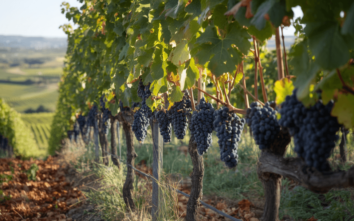 Vignes verdoyantes avec des grappes de raisins noirs mûrs, surplombant des collines et un paysage rural ensoleillé.
