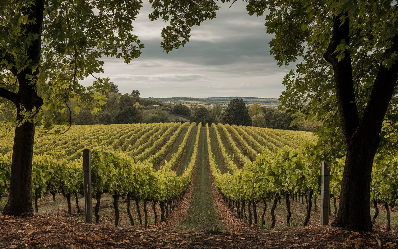 Vue d'un vignoble avec des rangées de vignes verdoyantes, encadré par des arbres, sous un ciel nuageux.