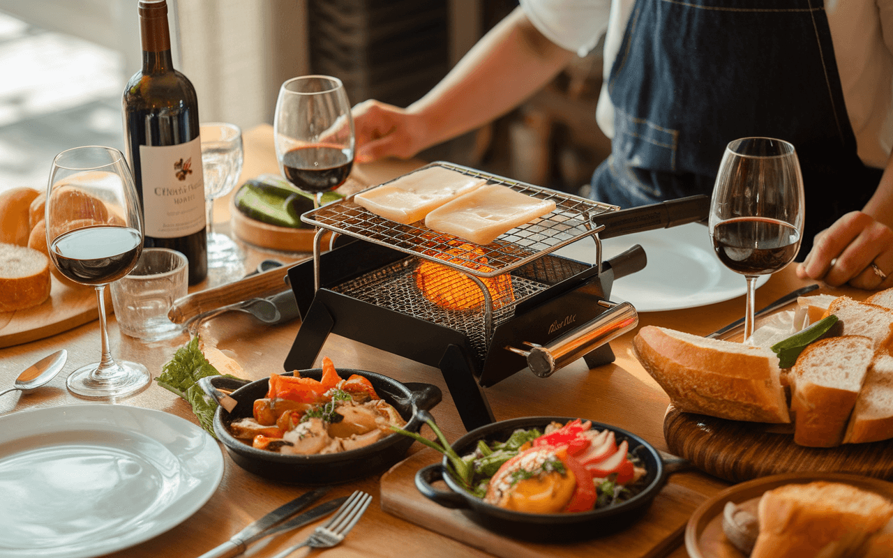 Table élégamment dressée avec un grill, du fromage à fondu, des plats garnis et des verres de vin rouge.