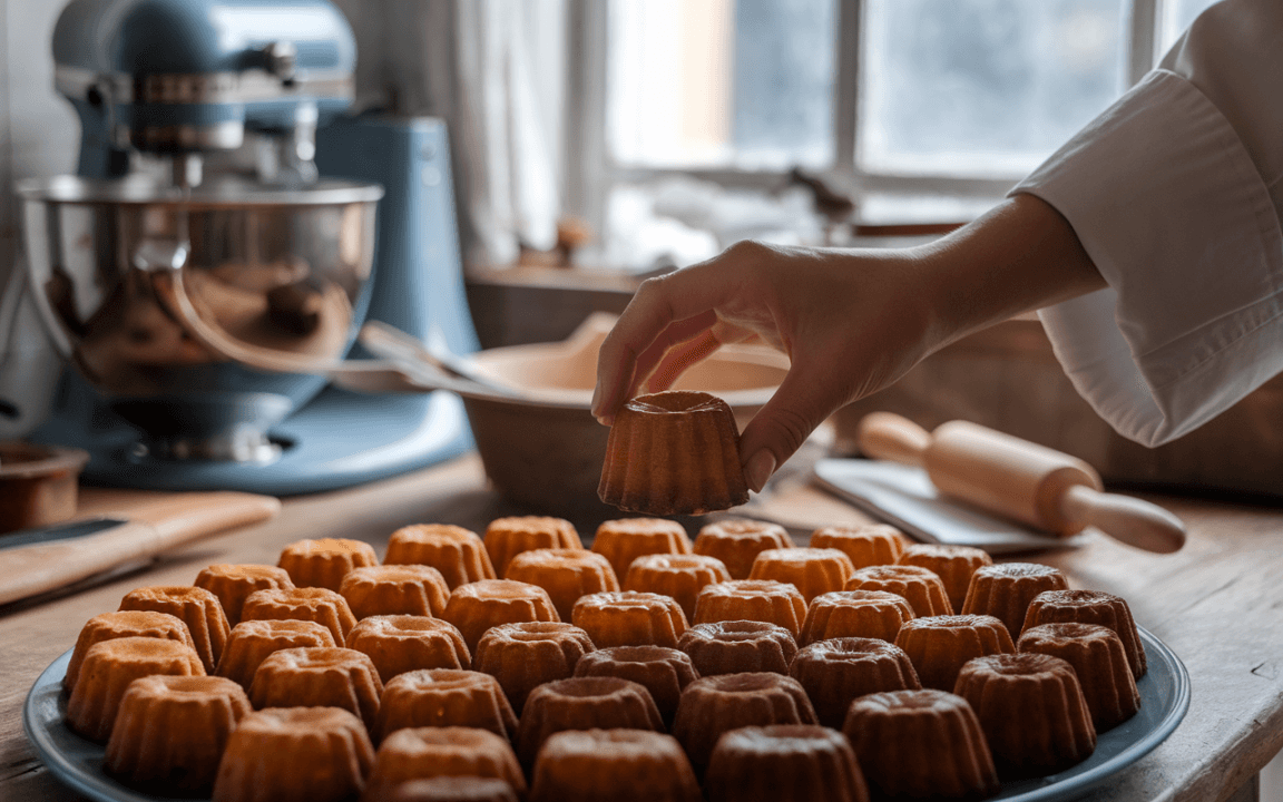 Main tenant un canelé, avec une plaque remplie de canelés dorés et un batteur en arrière-plan dans une cuisine chaleureuse.