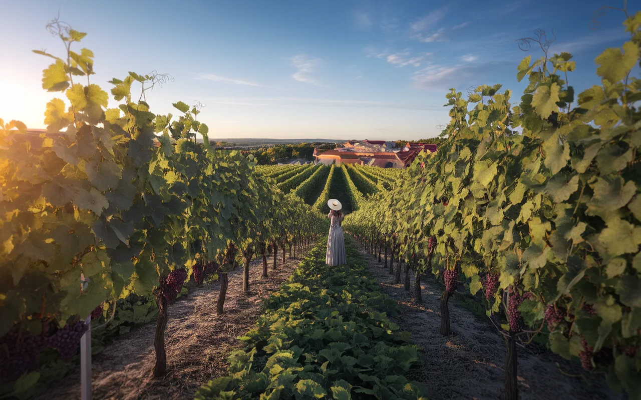Femme en robe blanche, chapeau sur la tête, se tenant dans un vignoble verdoyant sous un ciel ensoleillé.
