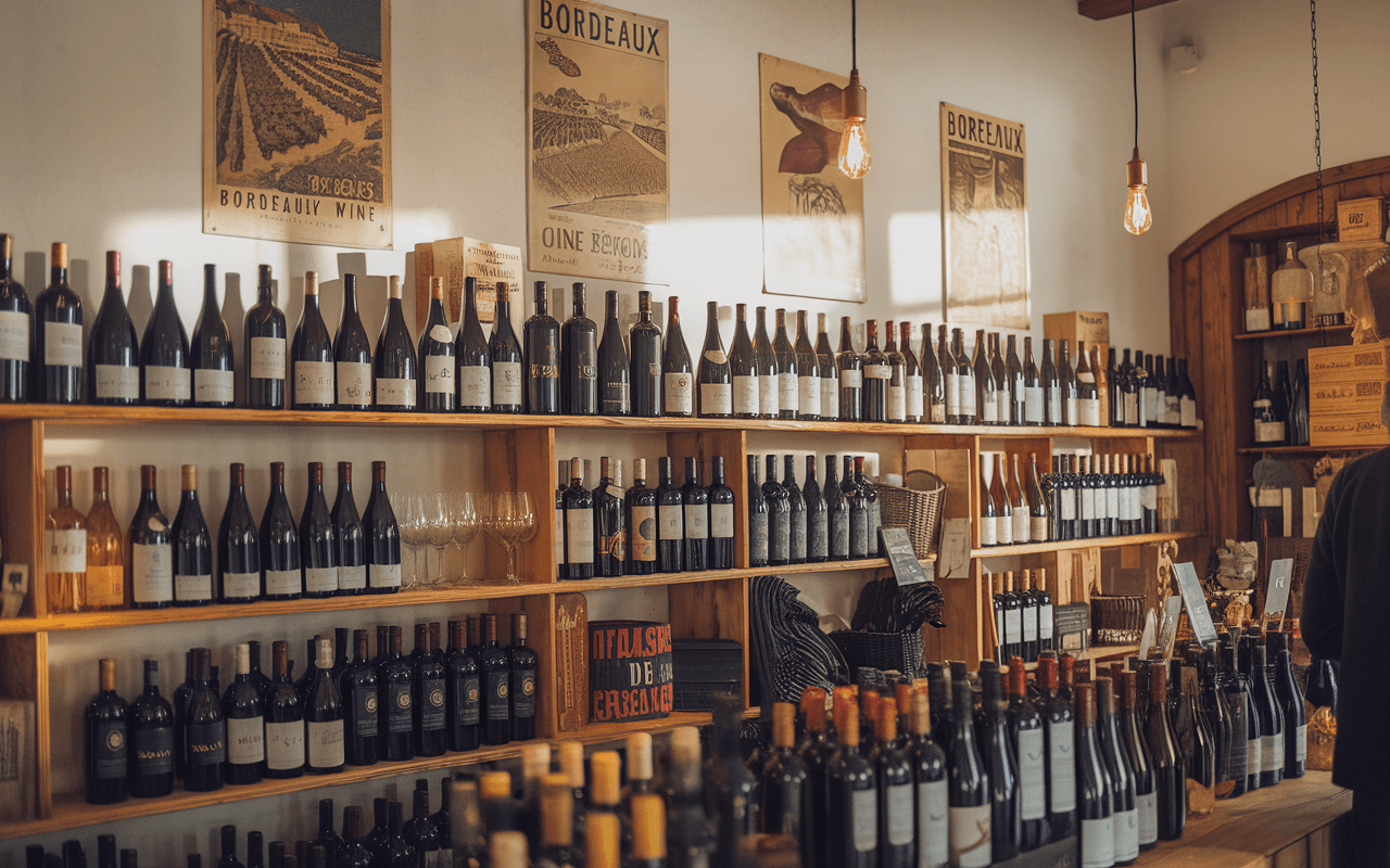 Intérieur d'une cave à vin avec étagères remplies de bouteilles de Bordeaux, verres à vin et décor vintage. Éclairage chaleureux.