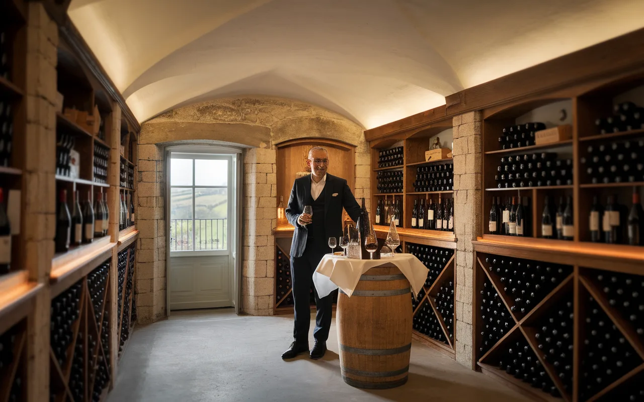 Homme en costume se tenant devant un baril dans une cave à vin, entouré de bouteilles bien rangées, avec une vue sur le vignoble.