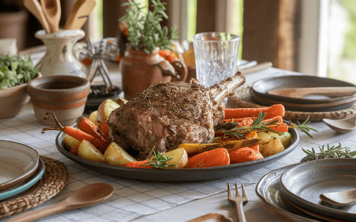 Plat de viande rôtie accompagné de légumes colorés, présenté sur une table chaleureuse avec de la vaisselle rustique.