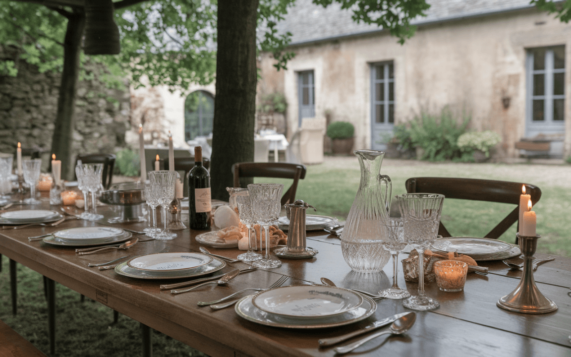 Table élégamment dressée en extérieur, avec de la vaisselle en porcelaine, des couverts en argent, des bougies et une bouteille de vin.