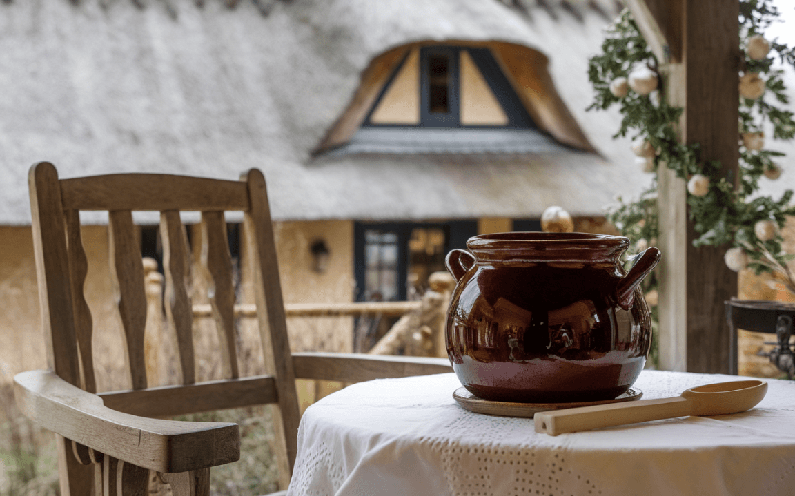 Chaise en bois et pot en terre cuite sur une table, avec un décor de maison traditionnelle en arrière-plan. Ambiance chaleureuse.