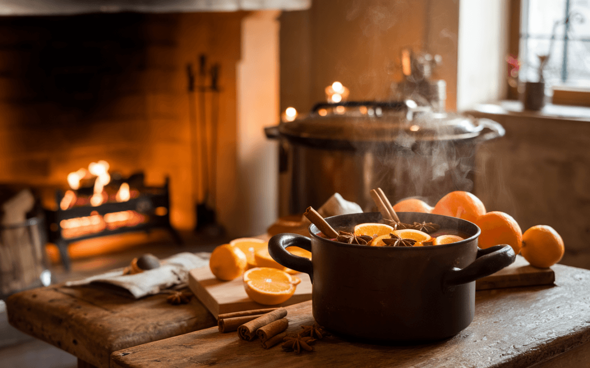 Un pot noir au feu contient des oranges, des bâtons de cannelle et des épices, avec une cheminée et un intérieur chaleureux en arrière-plan.