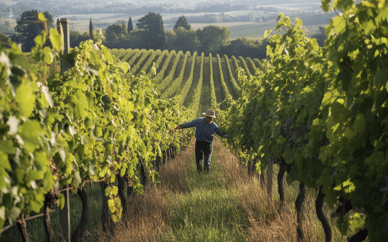 Un vigneron au milieu des vignes, récoltant des raisins sous un ciel ensoleillé, avec des rangées de vignes en arrière-plan.