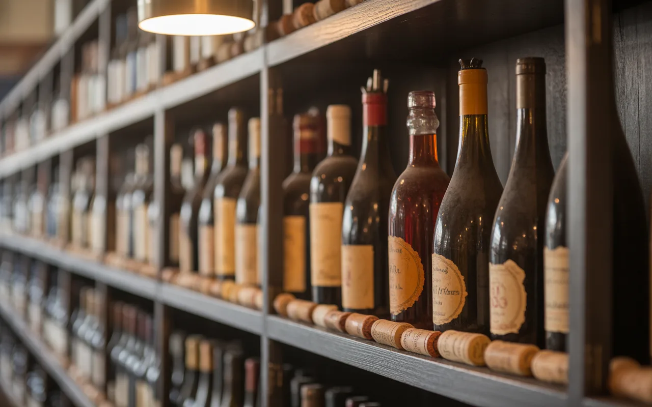 Des bouteilles de vin anciennes alignées sur des étagères en bois, avec des étiquettes vintage et des bouchons en liège.