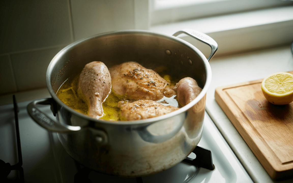 Un pot en inox contient des morceaux de poulet cuisinés dans un liquide, à côté d'un citron coupé sur une planche.