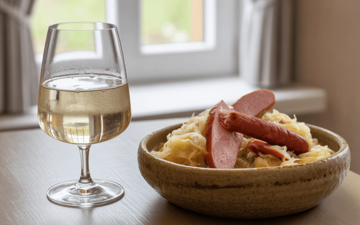 Un verre de vin blanc à côté d'un bol de choucroute garnie avec des saucisses. Lumière naturelle en arrière-plan.