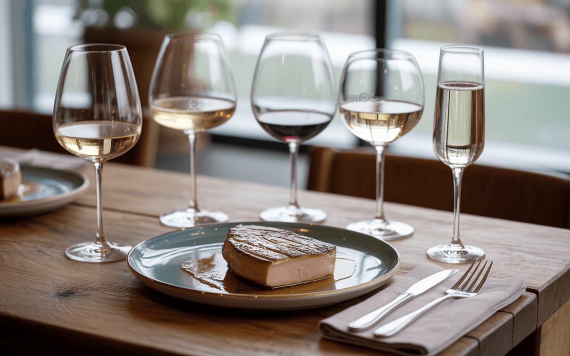 Plat de viande servi sur une assiette avec plusieurs verres de vin, aux reflets dorés et rouges, sur une table en bois.