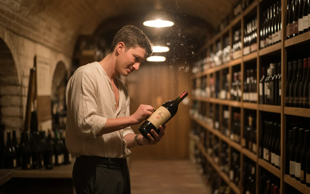 Un homme débouche une bouteille de vin dans une cave, entouré d'étagères remplies de bouteilles. Éclairage tamisé et ambiance chaleureuse.