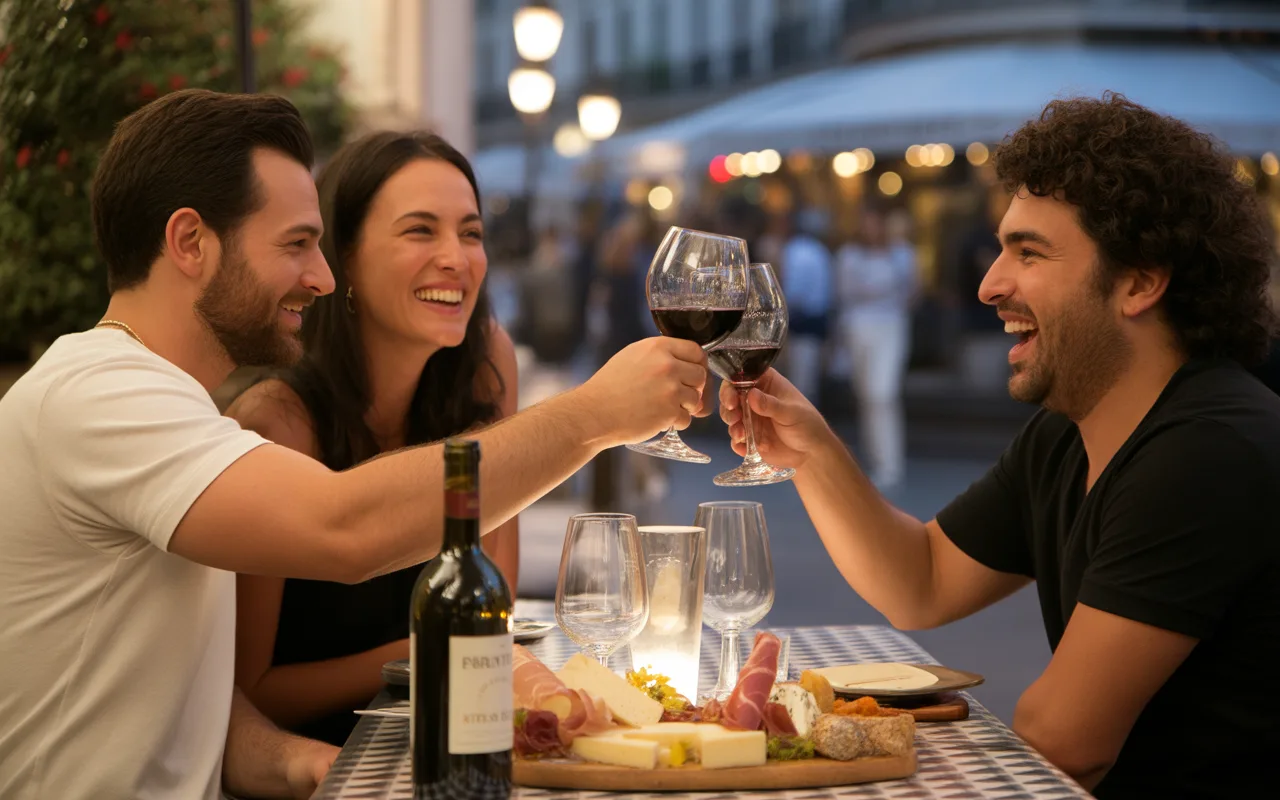 Trois amis trinquent avec des verres de vin rouge, accompagnés d'un assortiment de fromages et charcuteries sur une table en extérieur.