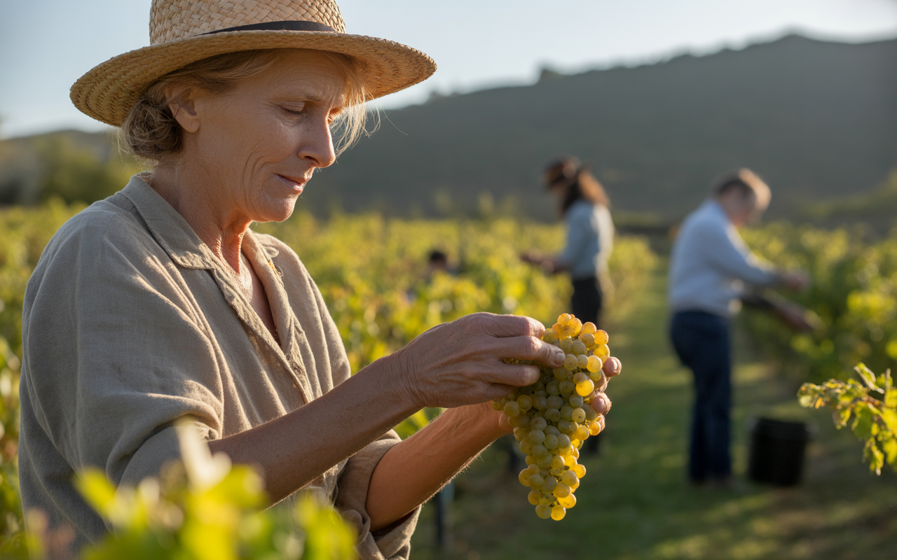 Femme tenant des grappes de raisins dans un vignoble, avec d'autres travailleurs en arrière-plan, lumière douce du matin.
