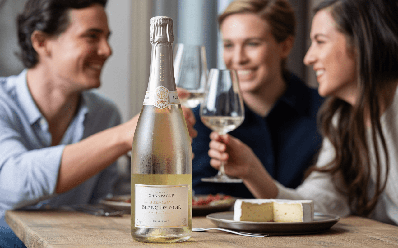 Trois personnes trinquent avec des flûtes, une bouteille de champagne Blanc de Noir est au premier plan, avec des fromages sur la table.
