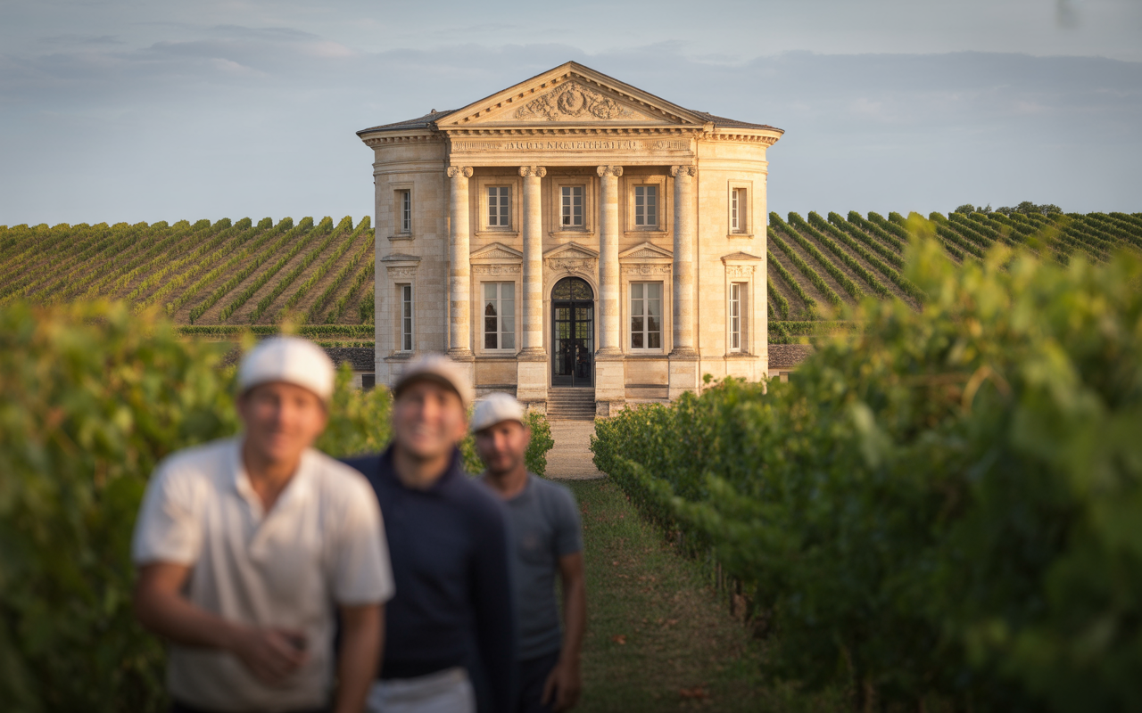Vignoble avec un élégant bâtiment en pierre en arrière-plan, trois personnes floues au premier plan, profitant de la vue.