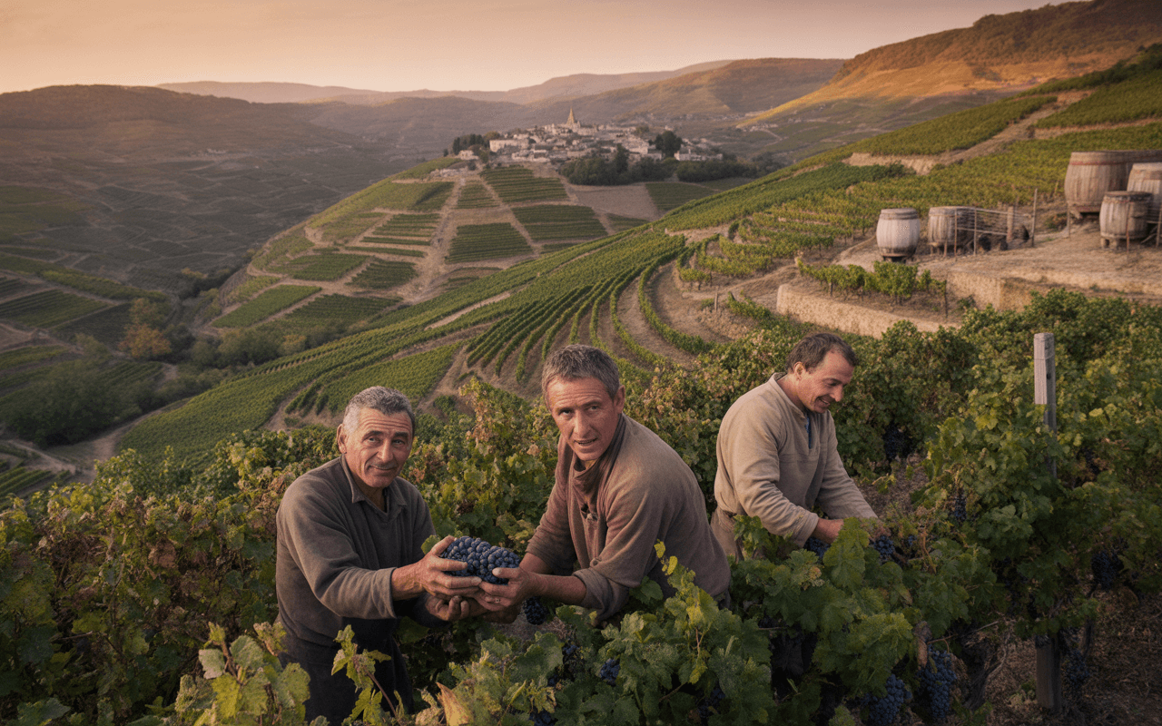 Trois vignerons récoltent des grappes de raisin dans un vignoble en terrasses, avec un village pittoresque en arrière-plan.