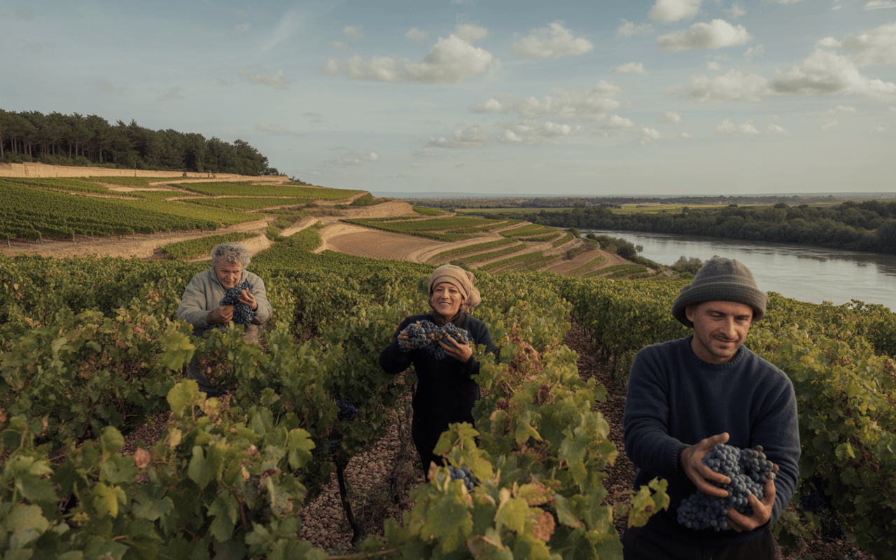 Trois personnes récoltent des grappes de raisin dans un vignoble en terrasses, avec une vue sur une rivière et des collines.