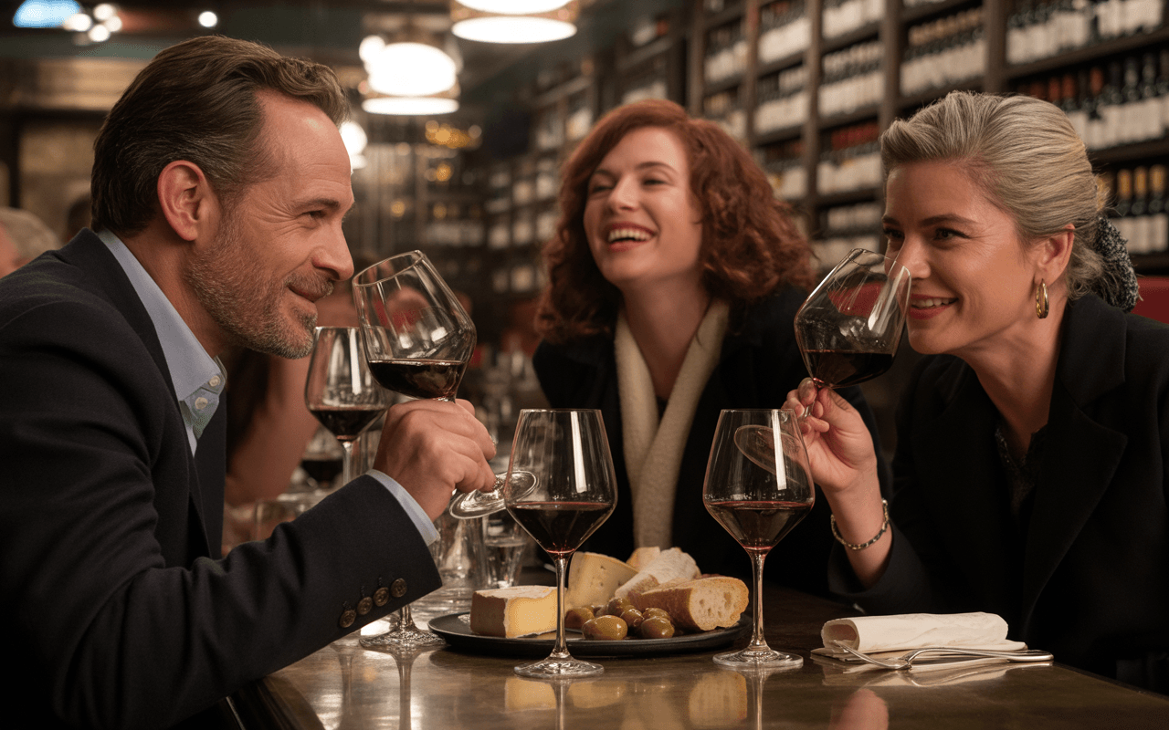 Trois personnes souriantes trinquent avec des verres de vin devant un plateau de fromages et de pain, dans un restaurant chaleureux.