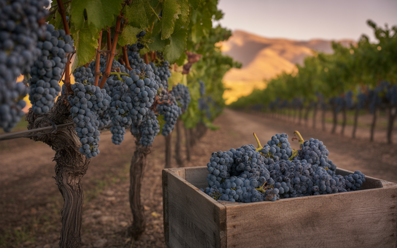 Raisin bleu mûr, récolté dans un vignoble ensoleillé avec des rangées de vignes en arrière-plan. Bois de caisse en bois.