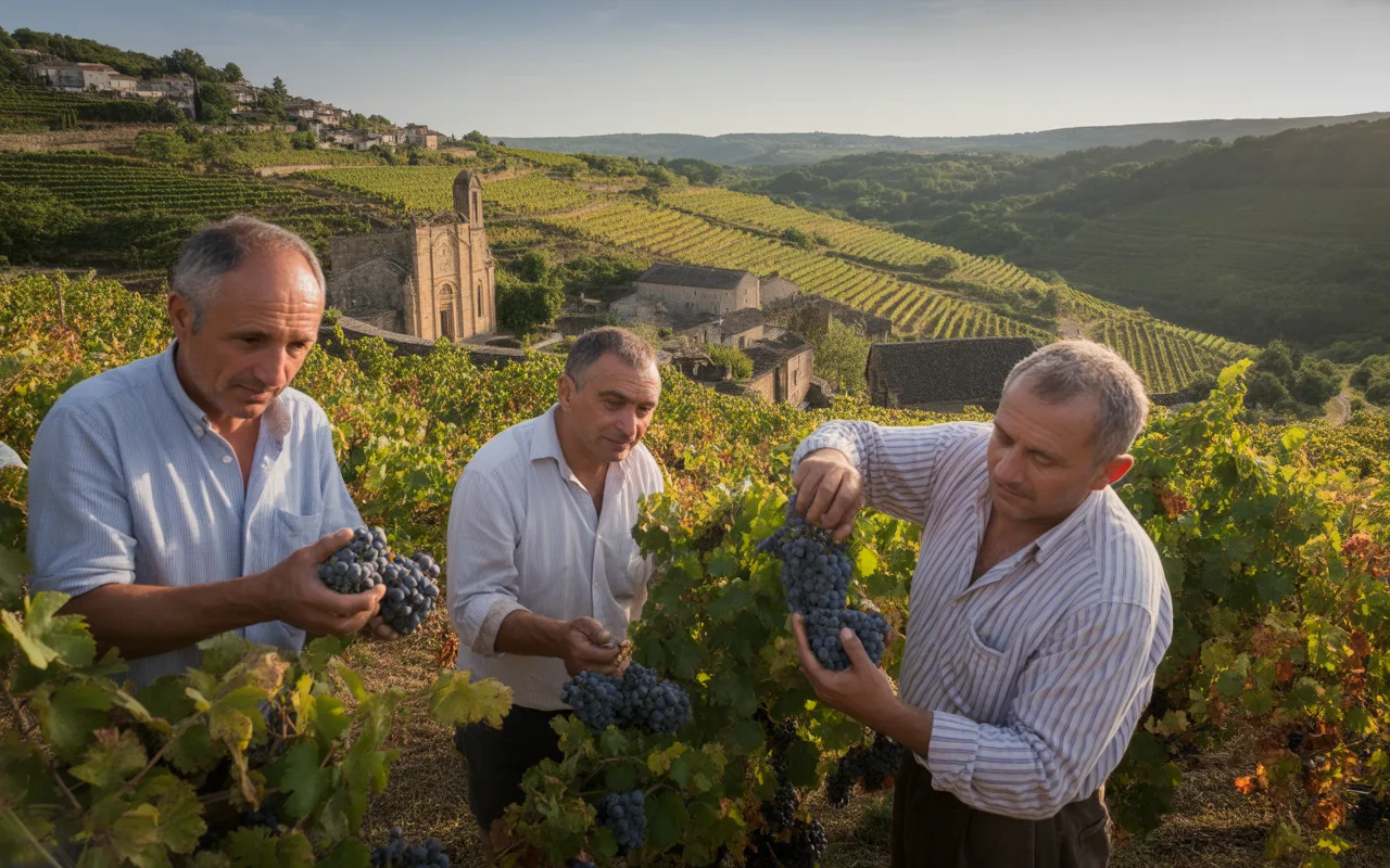 Trois vignerons récoltent des raisins dans un vignoble, avec des collines verdoyantes et une ancienne église en arrière-plan.