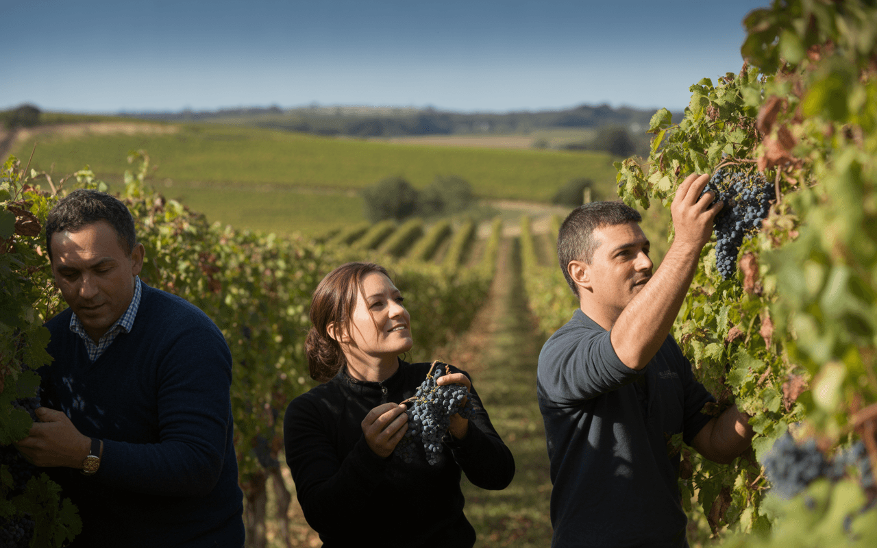 Trois personnes récoltent des raisins dans un vignoble, avec des rangées de vignes et un paysage verdoyant en arrière-plan.