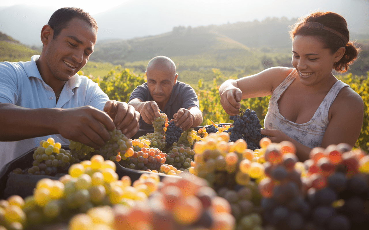 Trois personnes récoltent des raisins dans un vignoble ensoleillé, manipulant des grappes colorées dans des paniers.