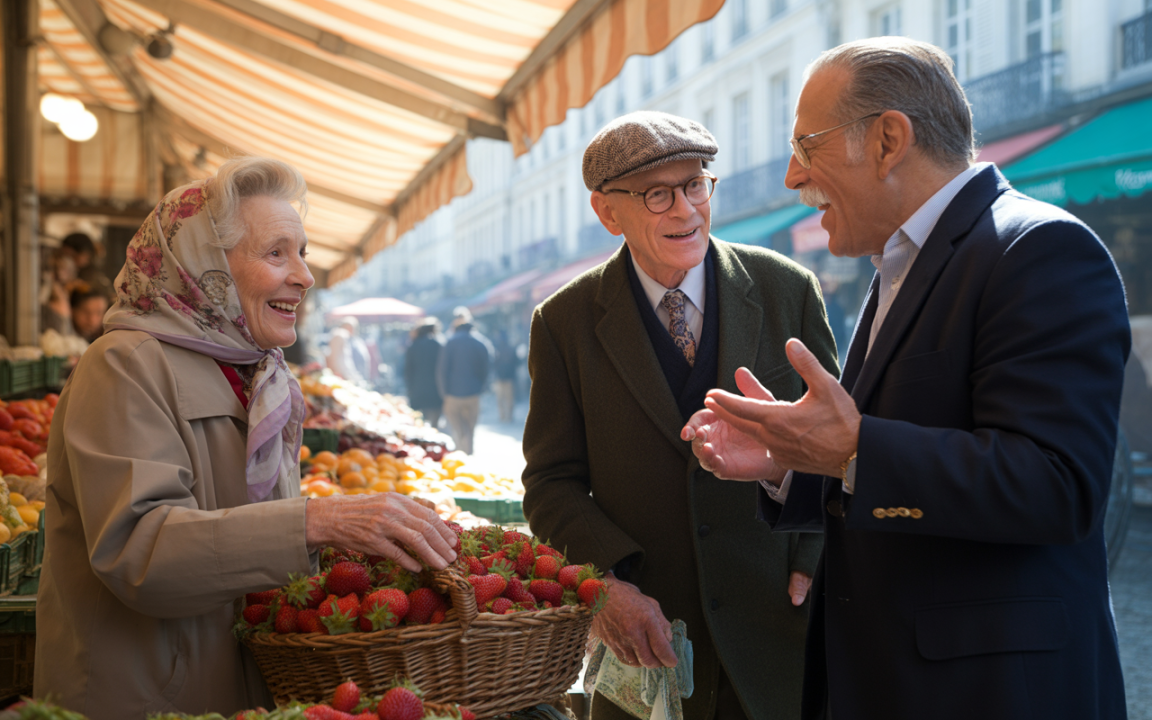 Des personnes âgées se parlent joyeusement dans un marché, entourées de fruits frais, dont des fraises. Ambiance conviviale et lumineuse.