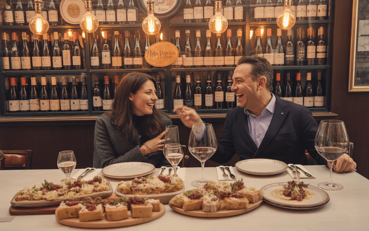 Un homme et une femme rient autour d'une table garnie de plats et de verres de vin, devant une cave à vin.