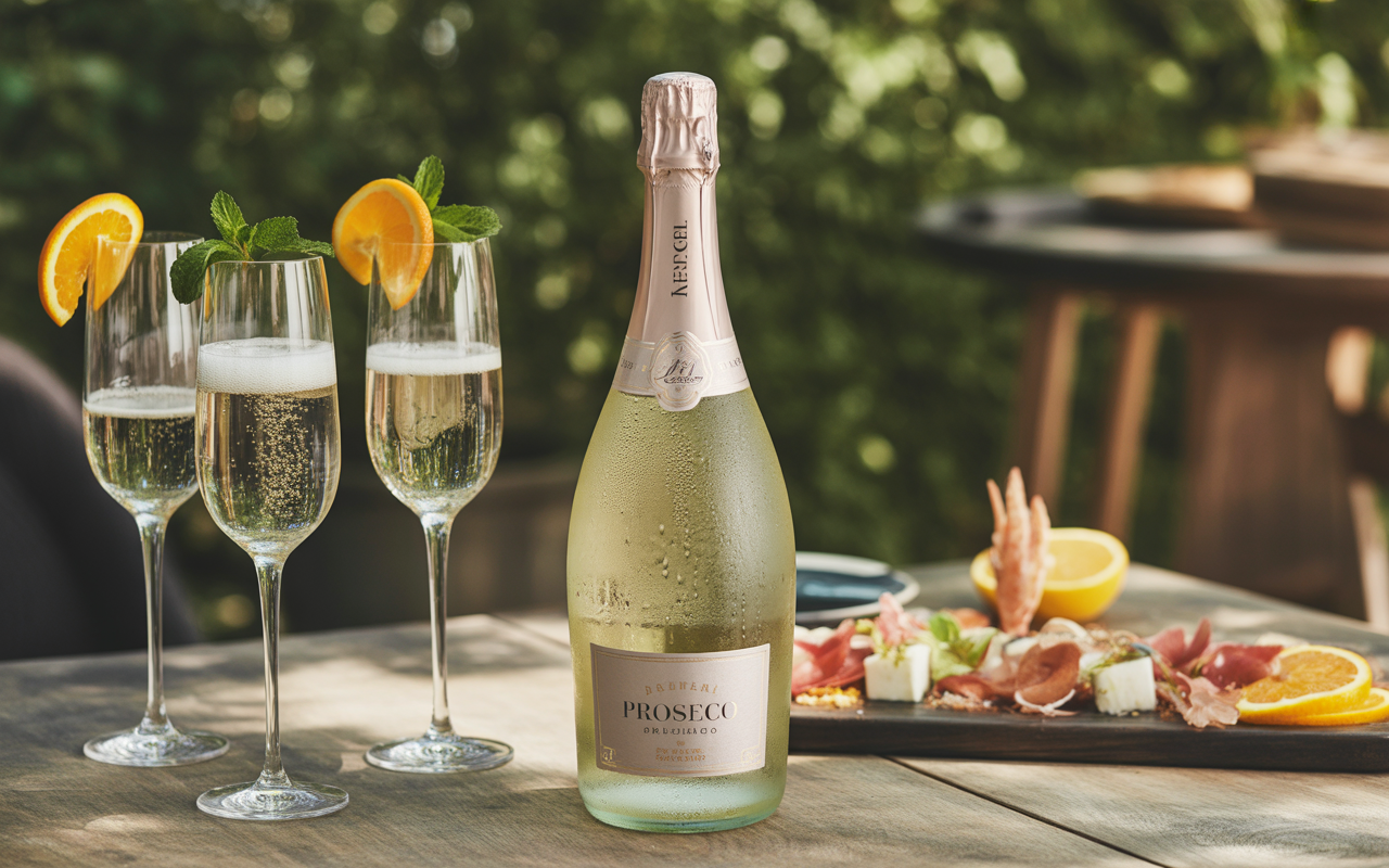Trois flûtes de prosecco avec oranges et menthe, une bouteille de prosecco et un plateau de charcuterie sur une table en bois.