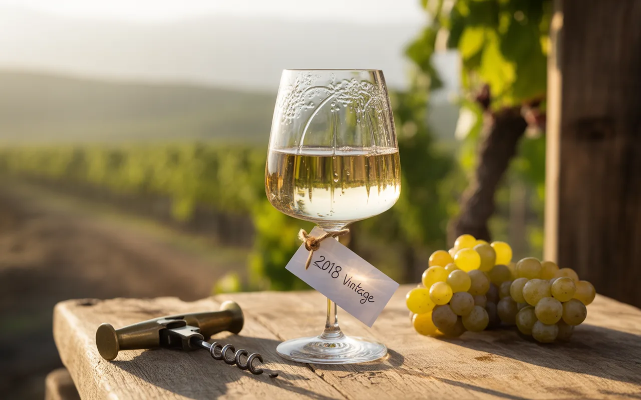 Un verre de vin blanc étiqueté "2018 Vintage" posé sur une table en bois, avec des raisins et un tire-bouchon. Arrière-plan de vignoble.