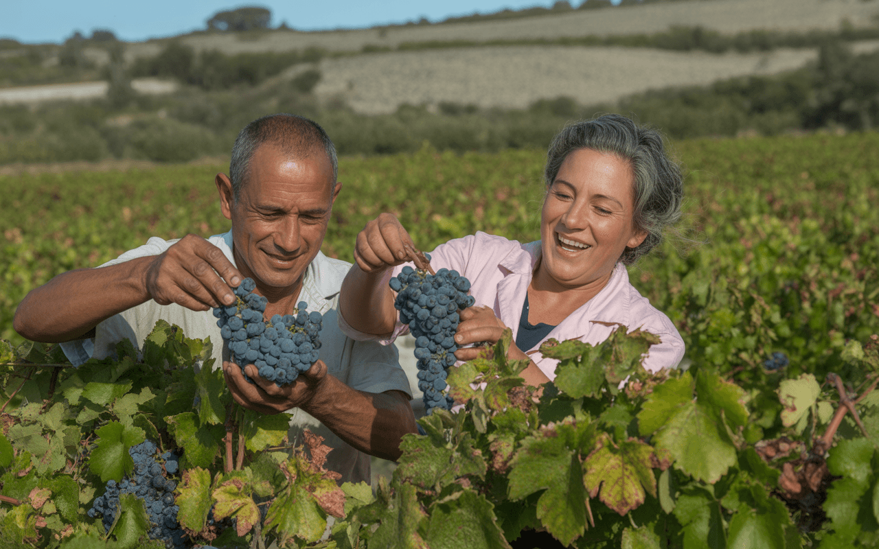 Deux personnes récoltent des raisins dans un vignoble ensoleillé, souriantes et tenant des grappes d'un bleu profond.