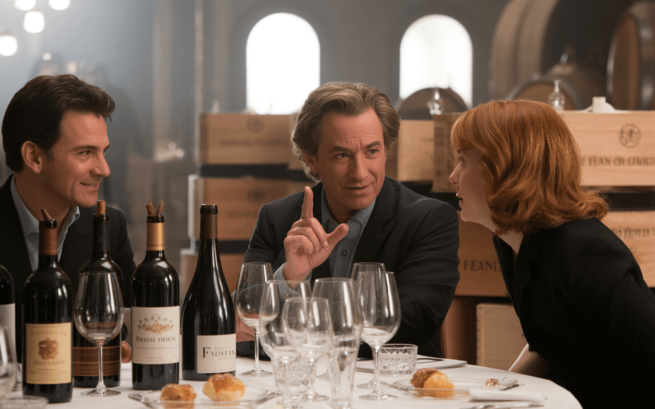 Trois personnes discutent autour d'une table avec des bouteilles de vin, des verres et des assiettes, dans un cadre élégant.