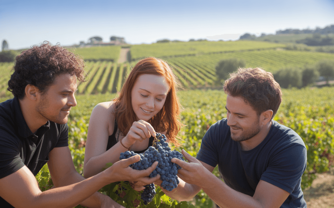 Trois personnes cueillent des raisins dans un vignoble, avec des rangées de vignes en arrière-plan sous un ciel ensoleillé.