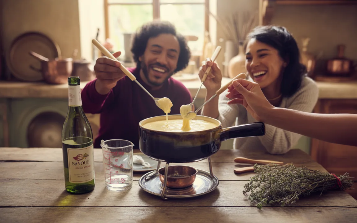 Deux personnes rient en partageant une fondue, avec une bouteille de vin et des accessoires de cuisine sur une table en bois.