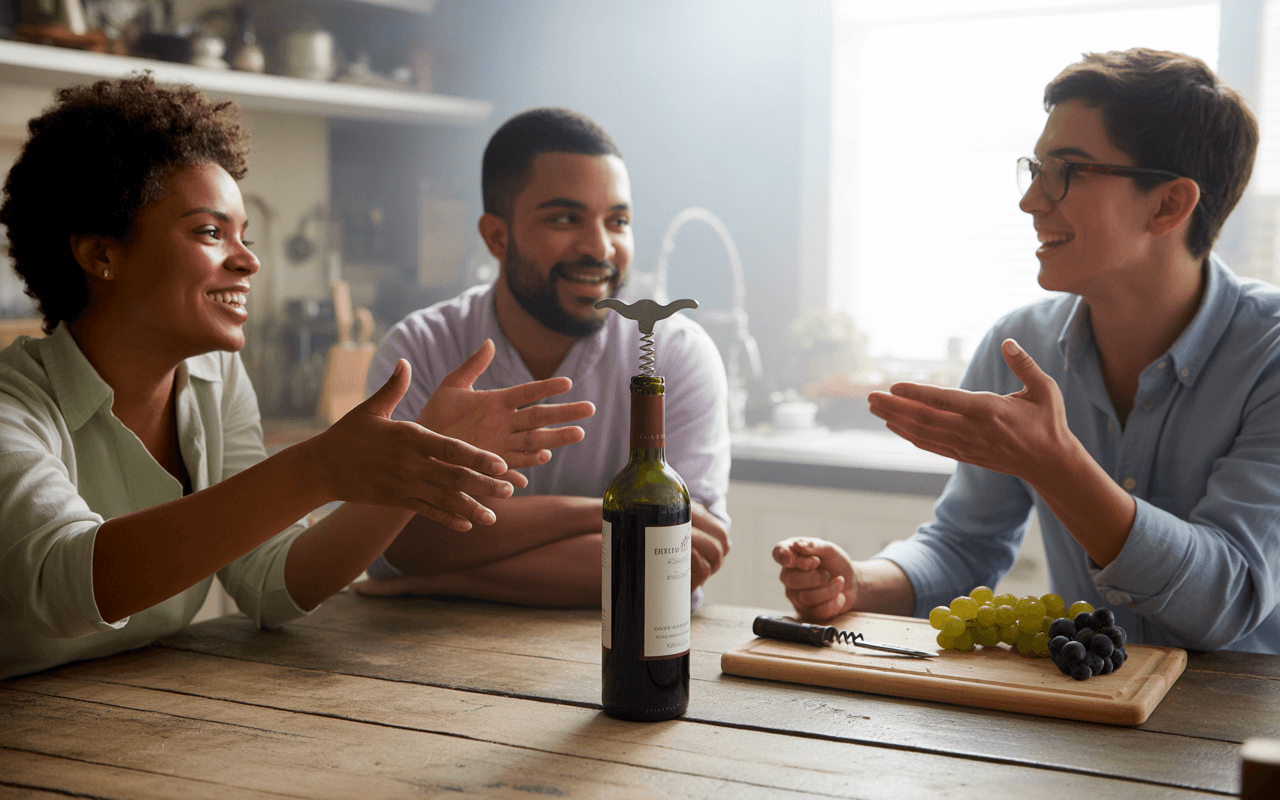 Trois amis se parlent autour d'une bouteille de vin, avec des raisins sur une planche à découper, ambiance conviviale.