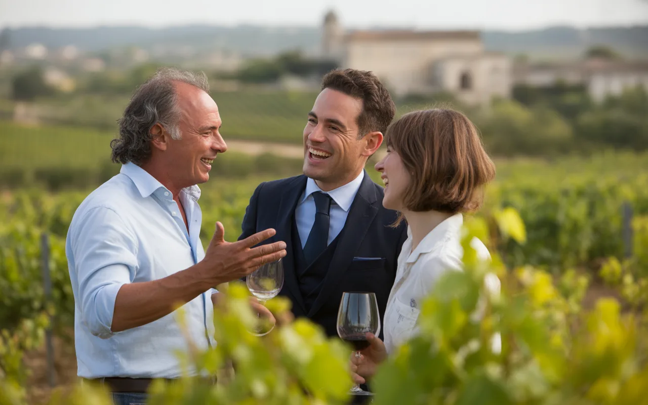 Trois personnes rient et discutent dans un vignoble, tenant des verres de vin, avec des paysages verdoyants en arrière-plan.