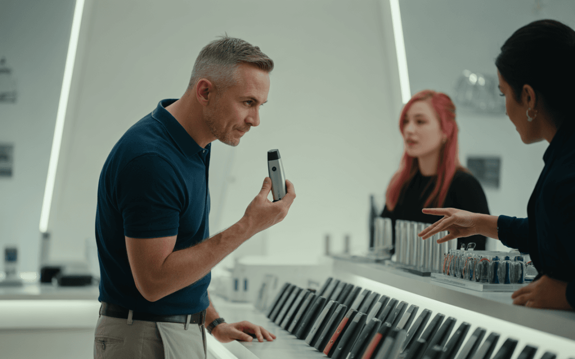 Un homme examine un appareil dans un magasin, tandis que deux femmes discutent et présentent d'autres produits.