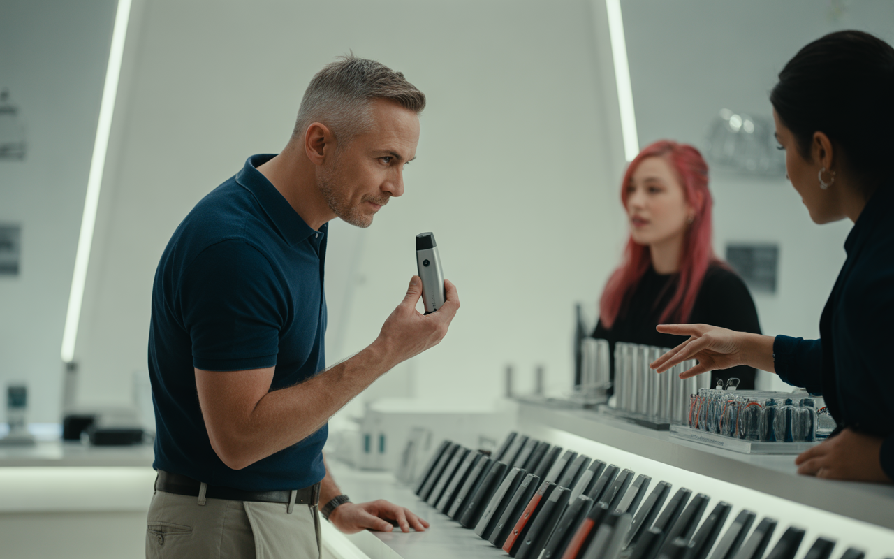Un homme examine un appareil dans un magasin, tandis que deux femmes discutent et présentent d'autres produits.