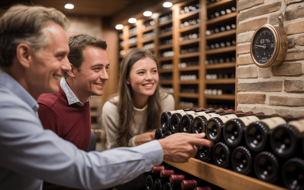 Trois amis souriants examinent une étagère de bouteilles de vin dans une cave à vin chaleureuse. Un hygromètre est visible.