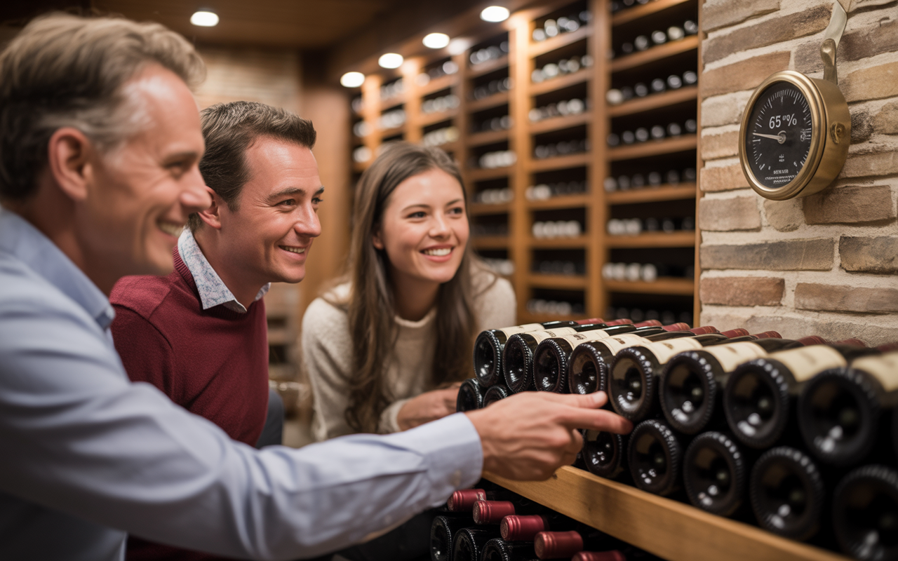 Trois amis souriants examinent une étagère de bouteilles de vin dans une cave à vin chaleureuse. Un hygromètre est visible.