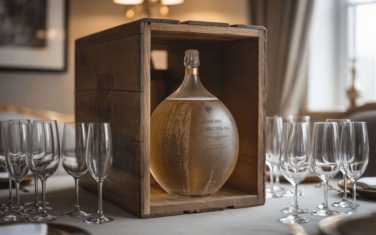 Une bouteille de vin pétillant en forme de rosace, dans une boîte en bois, entourée de flûtes à champagne sur une table élégante.