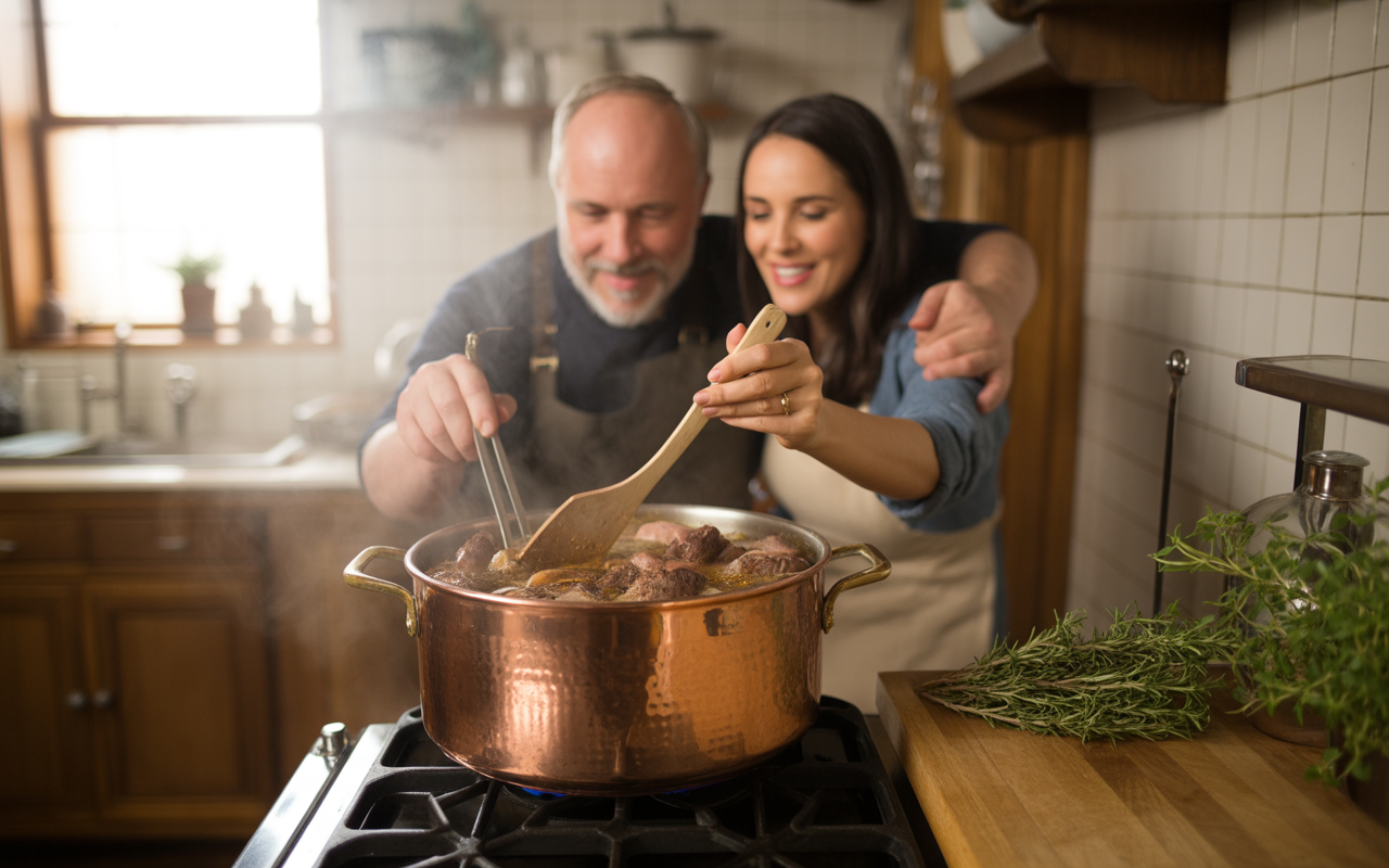 Deux personnes cuisinent ensemble dans une cuisine chaleureuse, remuant un grand pot de viande fumante. Herbes fraîches en arrière-plan.