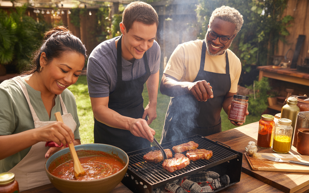 Trois personnes souriantes cuisinent ensemble en plein air, grillant de la viande et préparant une sauce dans un bol.