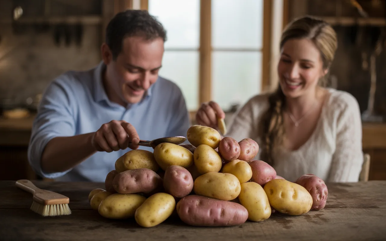 Un homme et une femme s'amusent à trier une pile de pommes de terre colorées sur une table en bois.