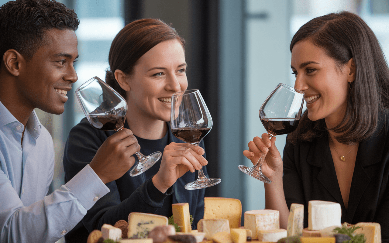 Trois personnes rient en levant leurs verres de vin rouge, entourées d'une variété de fromages sur une table.