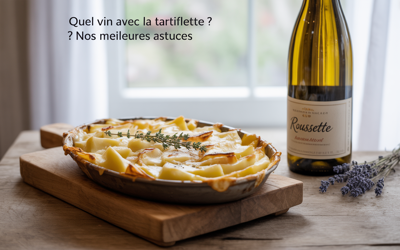 Tartiflette au gratin sur une planche en bois, bouteille de vin "Roussette" et fleurs de lavande en arrière-plan.