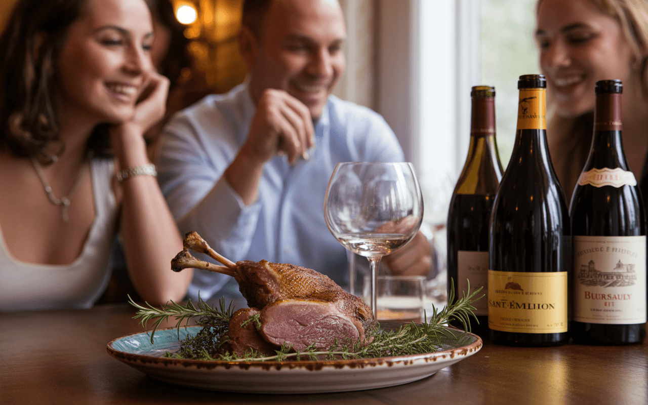 Trois personnes rient autour d'une table, avec un plat de viande au premier plan et des bouteilles de vin en arrière-plan.