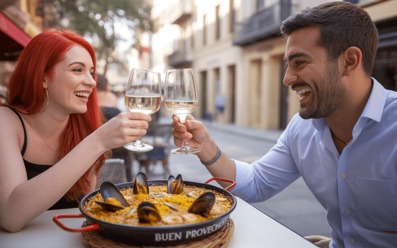Un couple trinque avec des verres de vin blanc devant un plat de paella, souriant dans une rue ensoleillée.